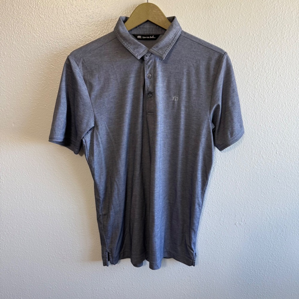 Travis Mathew Size Medium Blue Gray 1/4 Button Short Sleeve Polo Shirt Golf